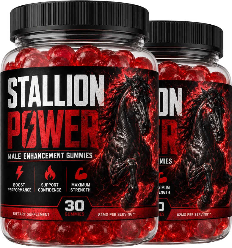 Two jars of Stallion Power male gummies with red gummies inside