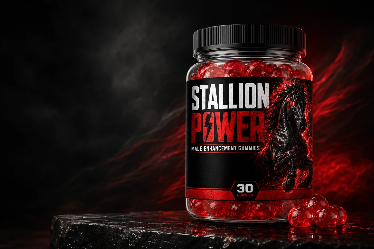 Stallion Power gummies jar on a dark stone surface with red gummies beside it