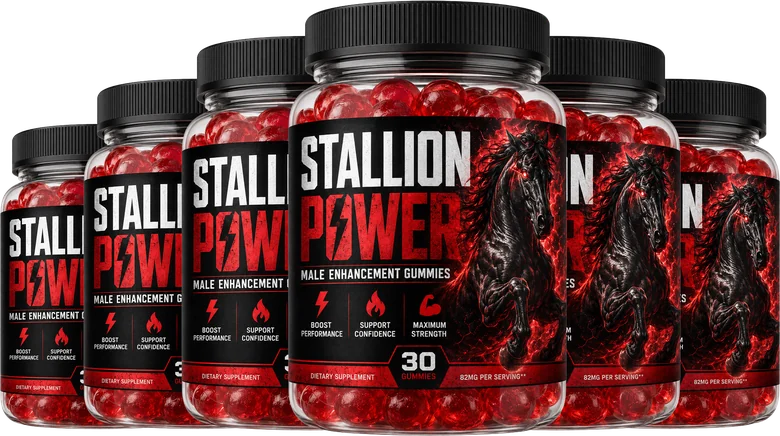 Six jars of Stallion Power gummies arranged in a row
